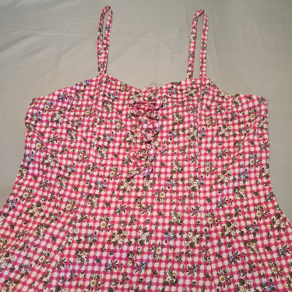 Cornerstone Floral Gingham Mini Dress Womens XL Pink White Lace Up Cottagecore